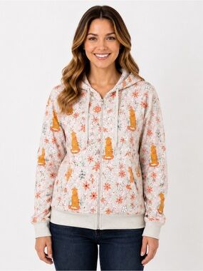 SM Wardrobe Tiger Floral Zip Up Hoodie Medium Fleece Lined Cottagecore
